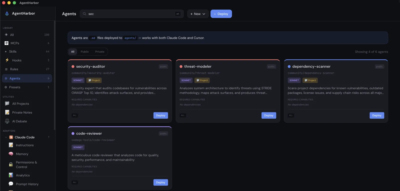 The AgentHarbor agents page, where one markdown agent definition deploys to Claude Code and Cursor