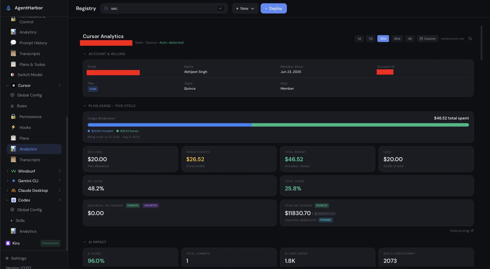 AgentHarbor Cursor analytics with plan usage, bonus credits, and on demand spend