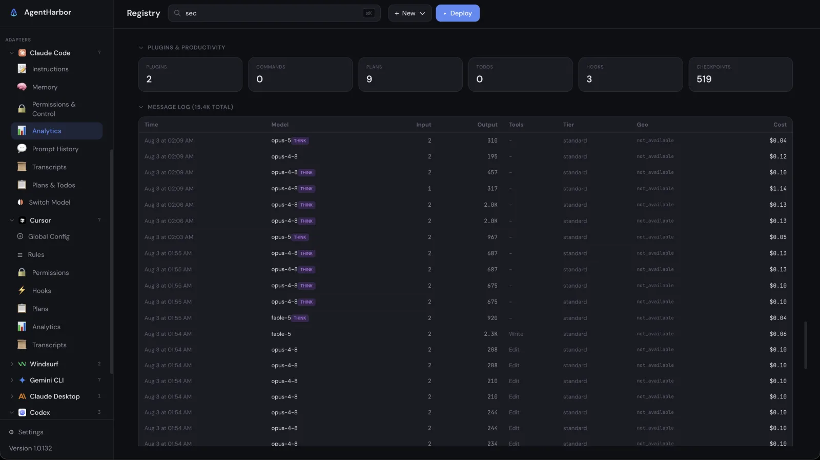 The AgentHarbor message log listing every message with its model, tokens, and cost