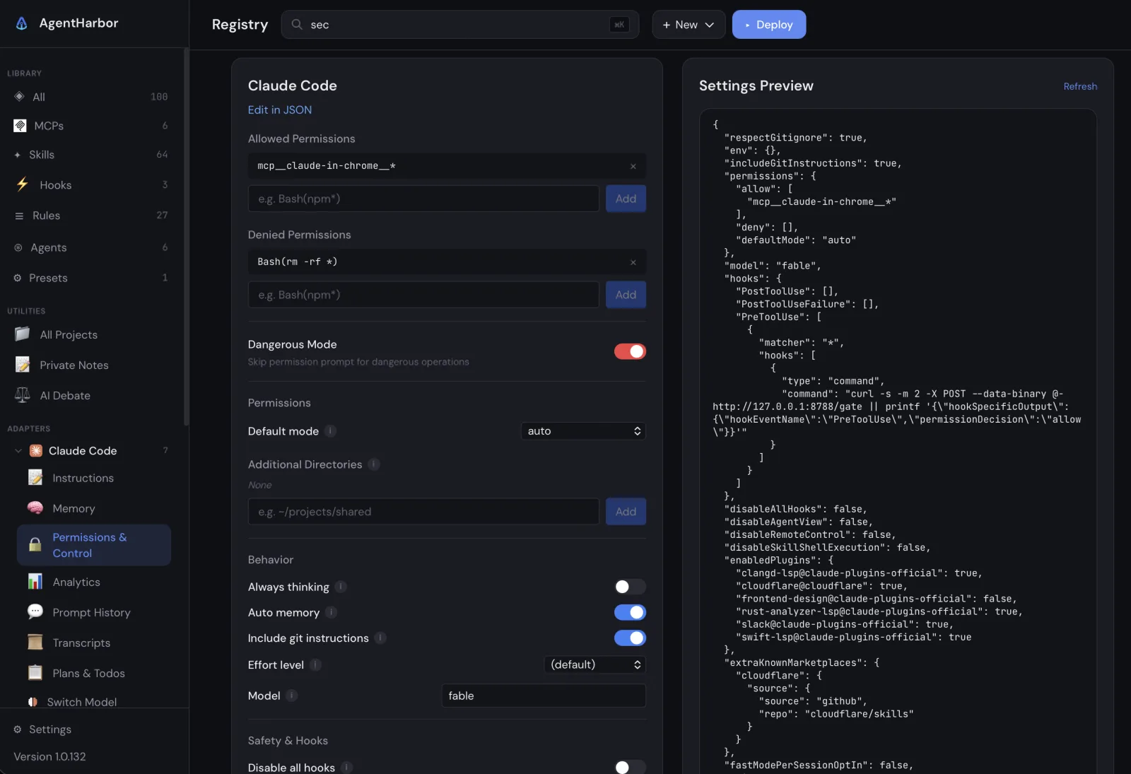 AgentHarbor Permissions and Control page with allowed and denied commands and a live settings JSON preview