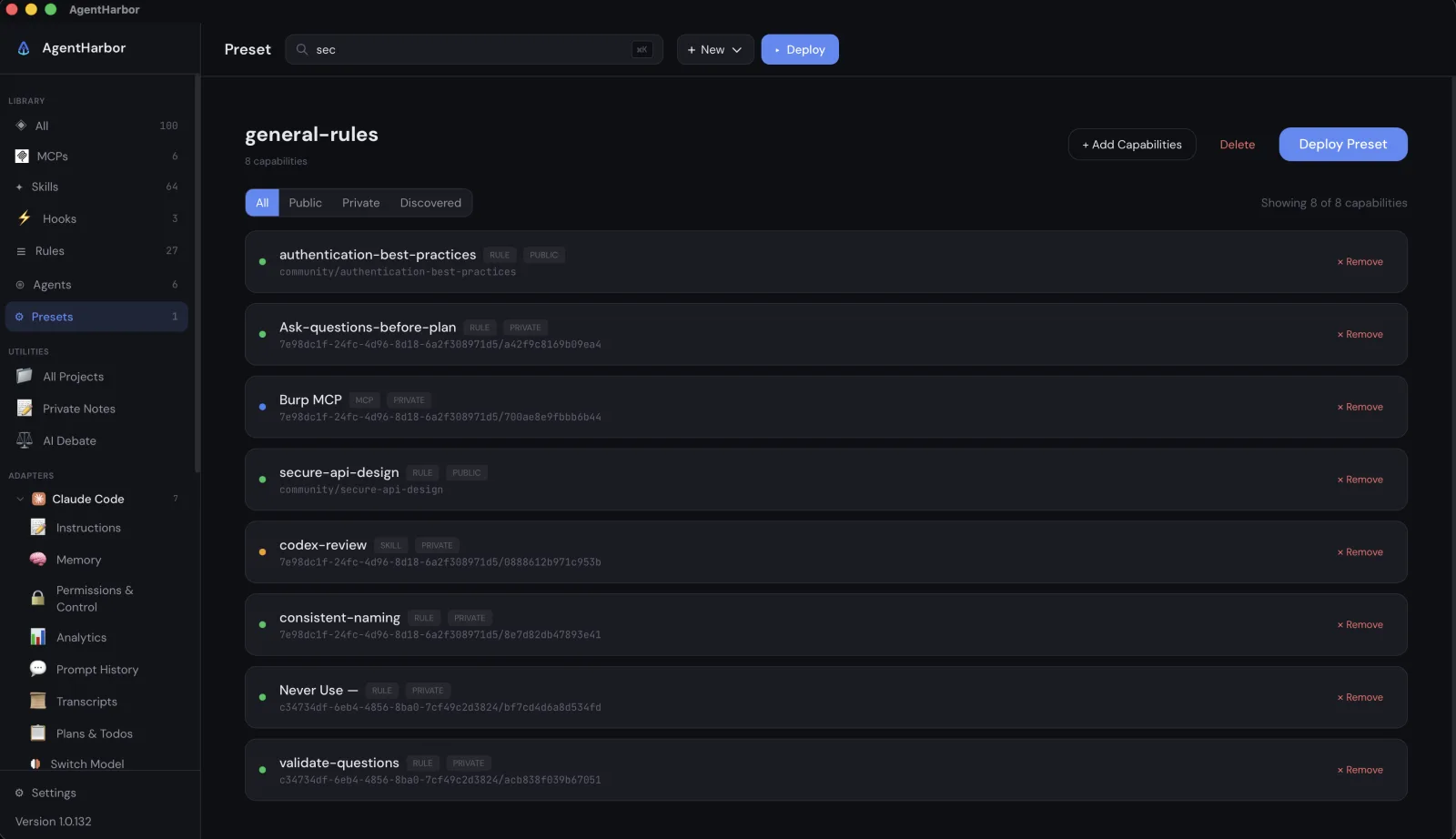 The general-rules preset in AgentHarbor with eight capabilities and a single Deploy Preset button