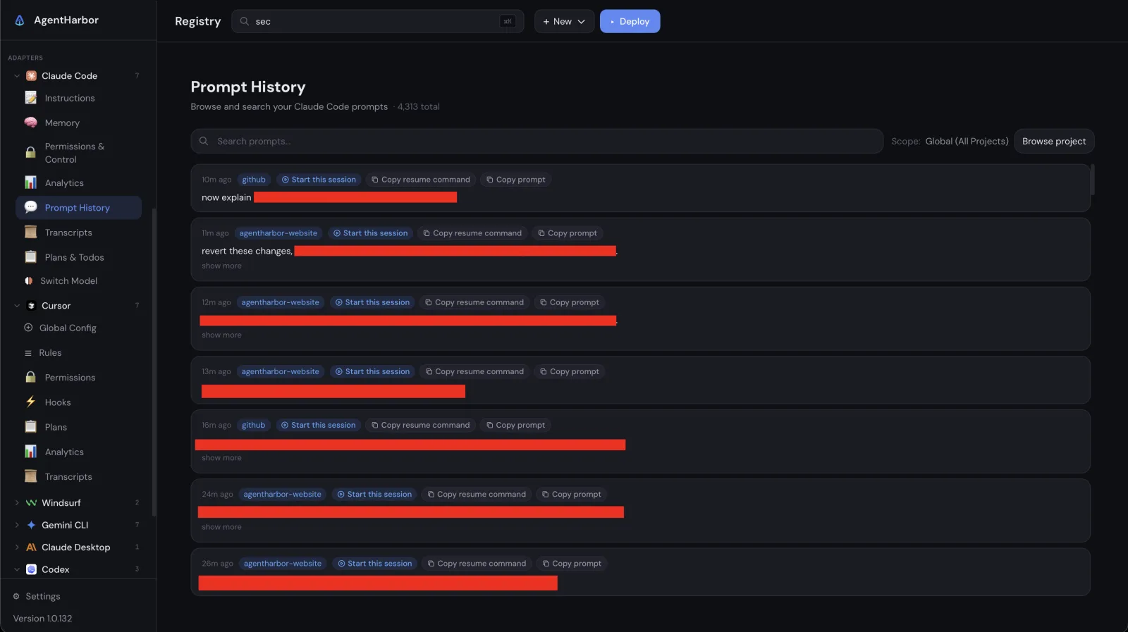 AgentHarbor prompt history with 4,313 prompts, each with buttons to resume its session