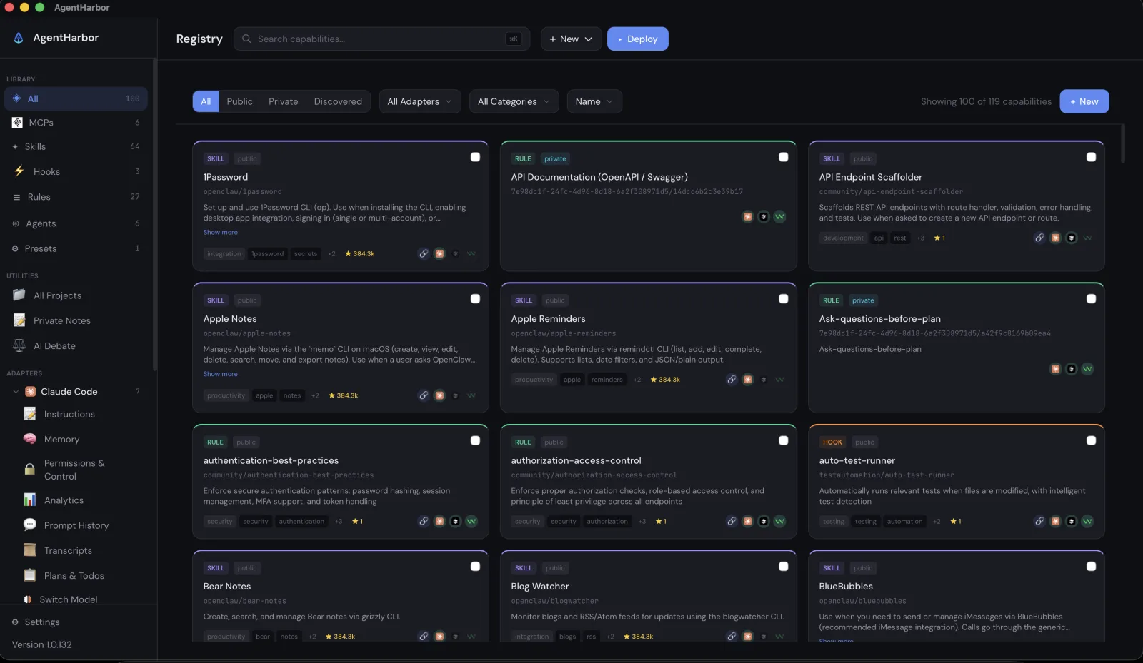 The AgentHarbor registry, one searchable library of 119 skills, rules, MCP servers, agents, and hooks