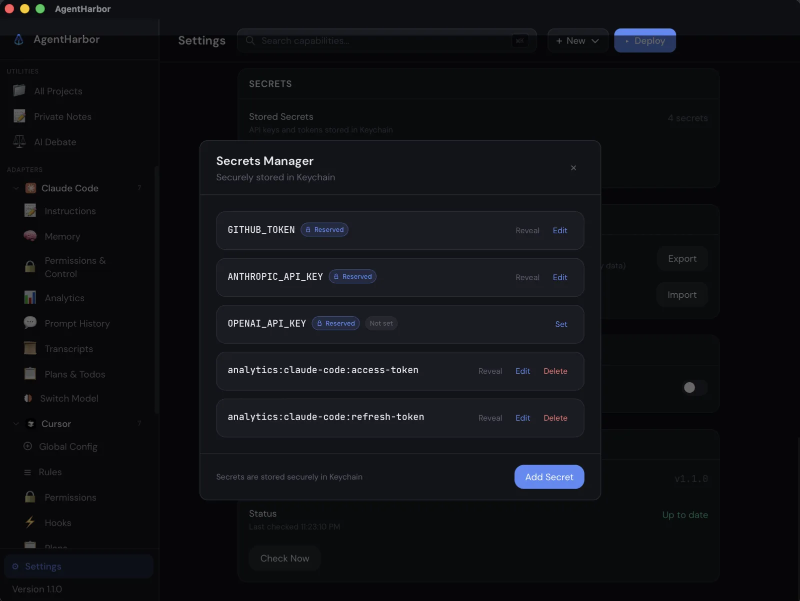 The AgentHarbor Secrets Manager storing API keys in the Keychain, values hidden until revealed