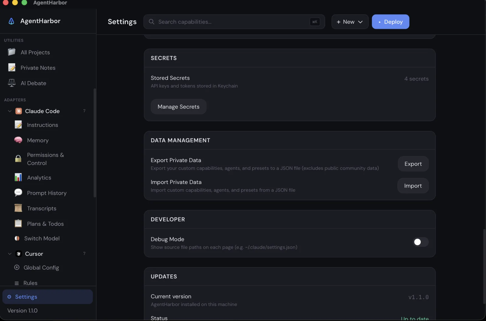 AgentHarbor Settings with secrets stored in Keychain and private data export and import