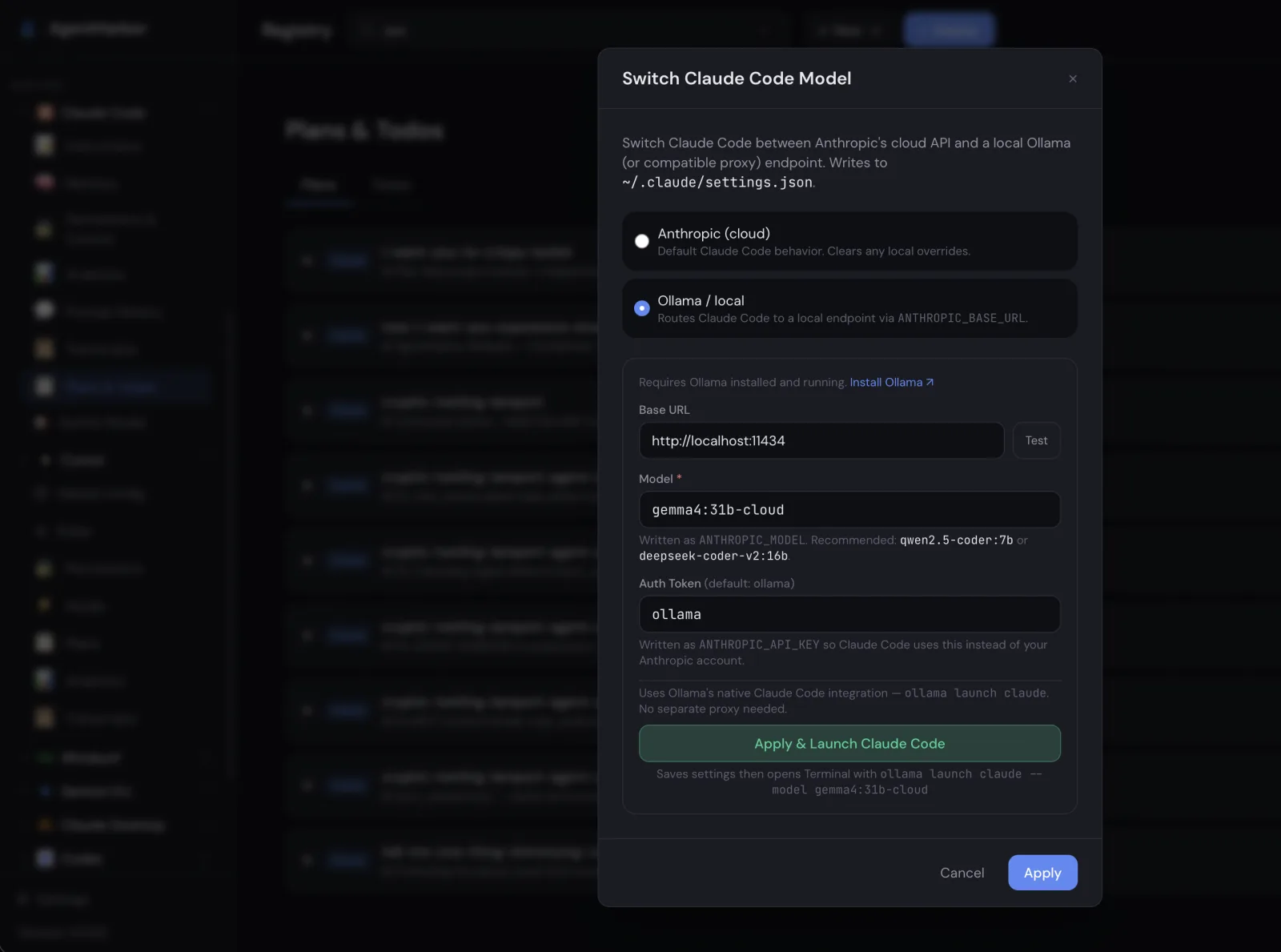 The Switch Model dialog routing Claude Code to a local Ollama endpoint
