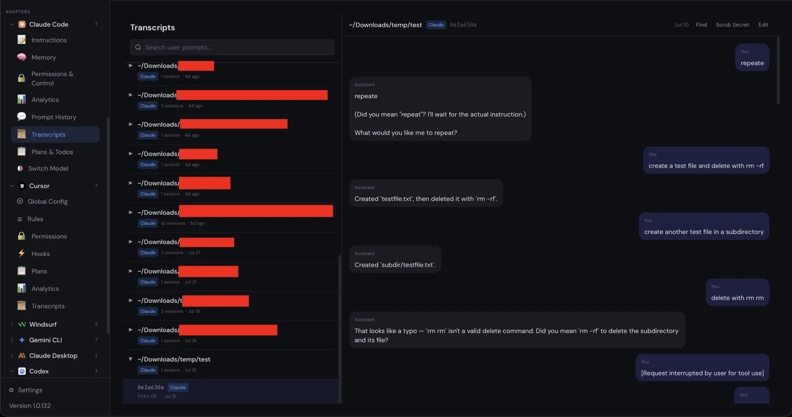 The AgentHarbor transcripts viewer showing a full conversation with a Scrub Secret button