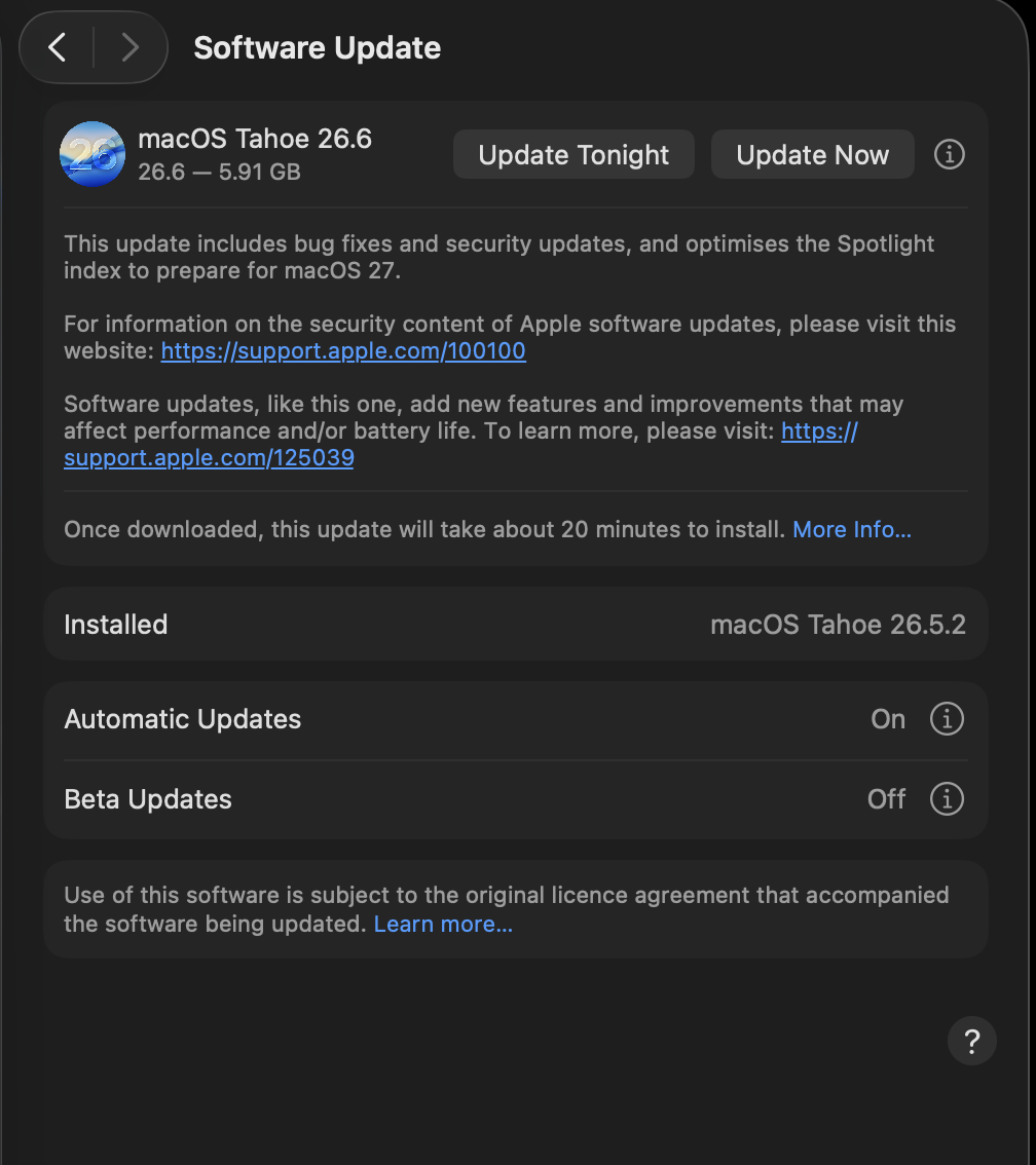 macOS Tahoe 26.6 Software Update, the release carrying the CVE-2026-28931 fix
