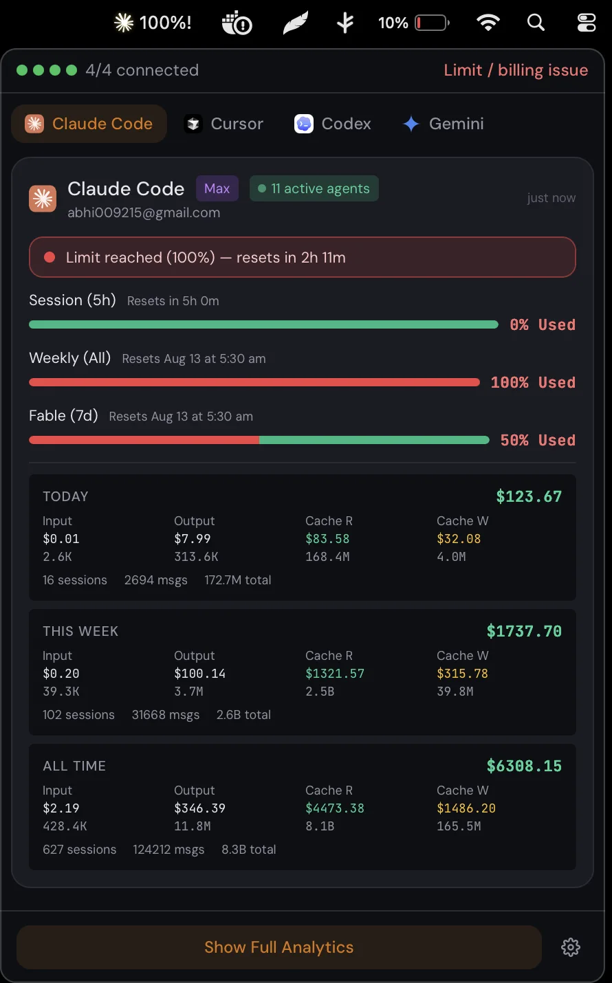 The AgentHarbor tray with live limits and cost for Claude, Cursor, Codex and Gemini