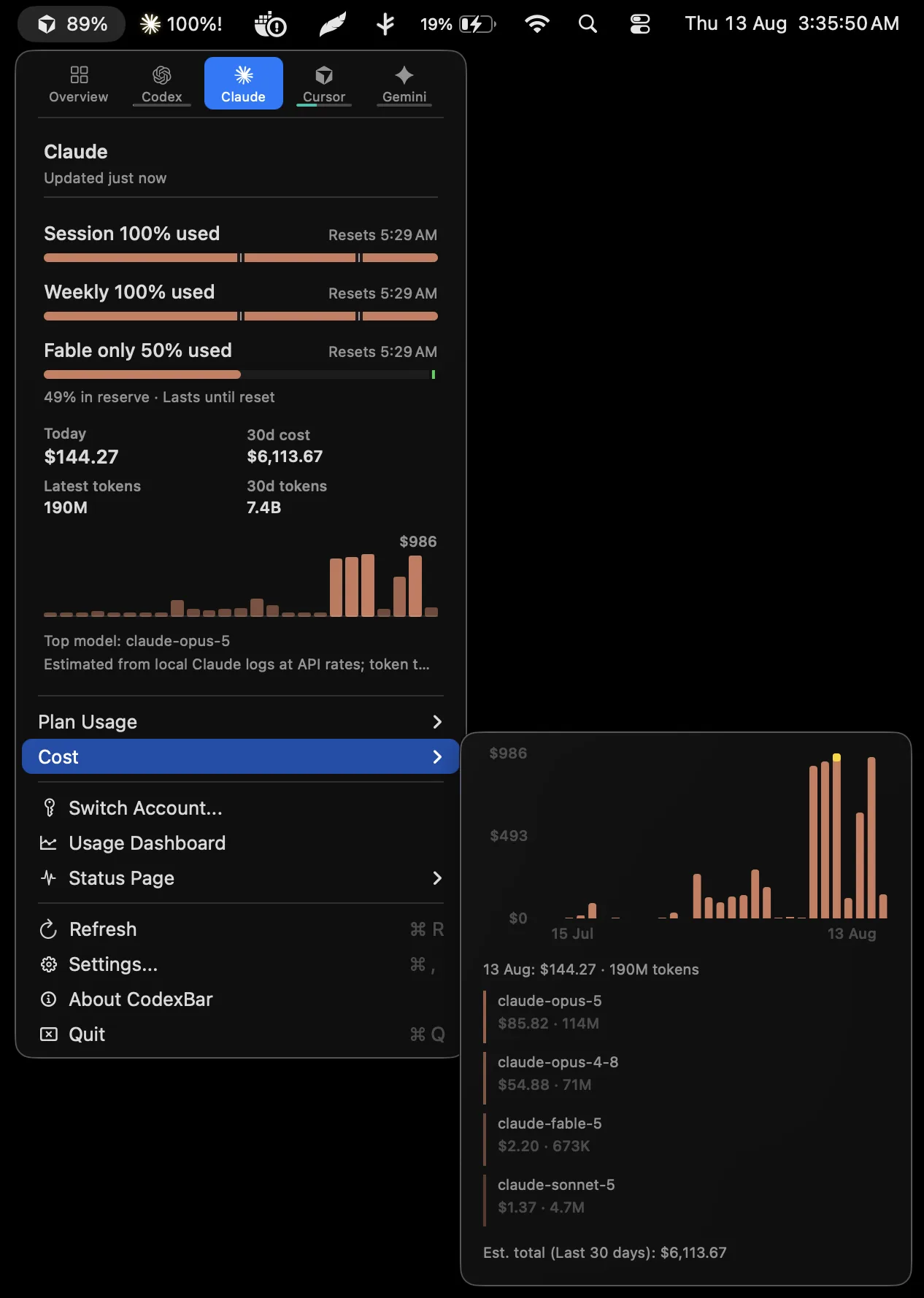 CodexBar showing live Claude limits and a cost breakdown in the macOS menu bar